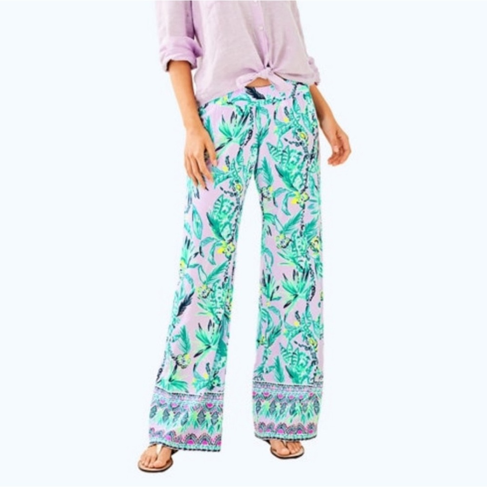 Lilly Pulitzer Tropical Print Wide Leg Pants - Pink and Green